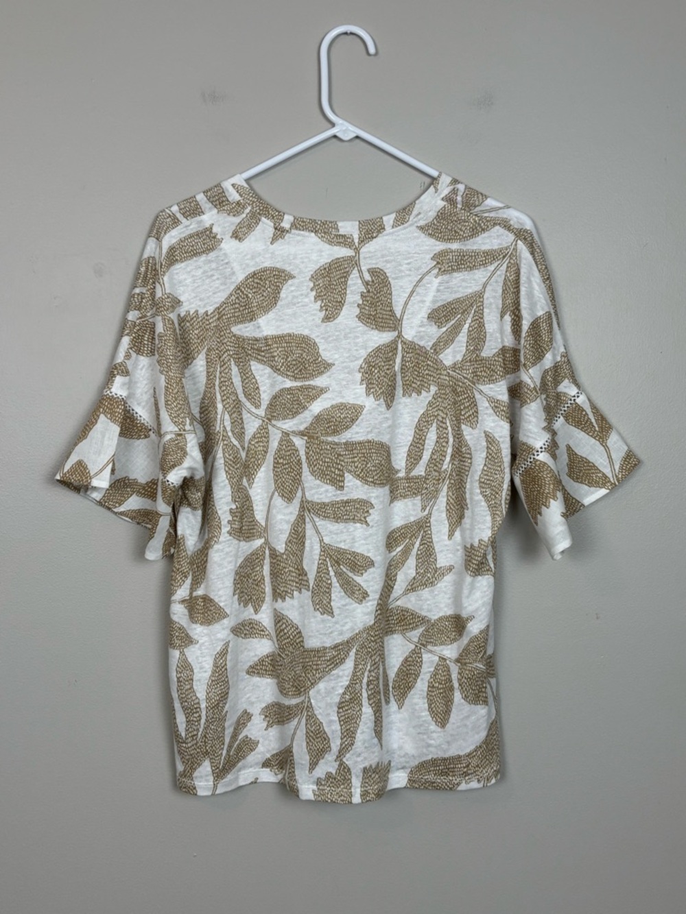 Chicos‎ Top Womens Lg 100% Linen Leaves Flutter Sleeve V-Neck Knit in Sycamore - Picture 7 of 9